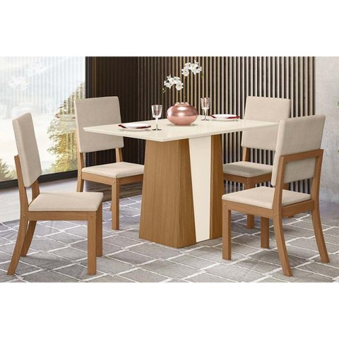 Sala de Jantar Completa Orus C/ Tampo Madeirado 120x80cm e 4 Cadeiras Milla Nature/off White - Linho