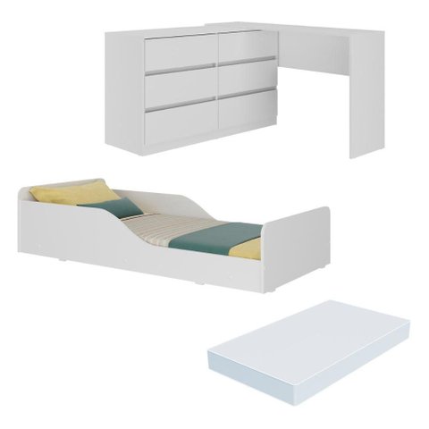 Kit Cama Infantil Montessoriana com Escrivaninha e Colchão Incluso Dino Multimóveis MP4820 Branco