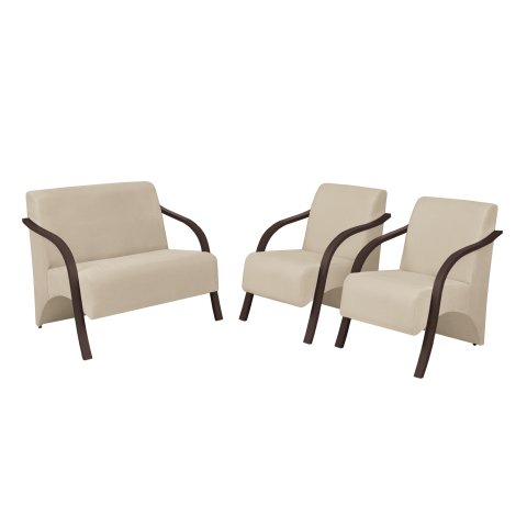 Conjunto Vênus Braço Madeira D Salla 2 Poltronas de 1 Lugar e 1 de 2 Lugares Suede Bege