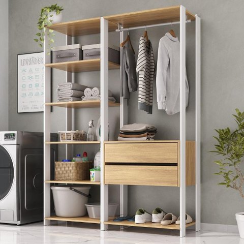 Armário Multiuso de Lavanderia Modulado 135cm 2 Peças Multimóveis Mp5058 Branco/madeirado