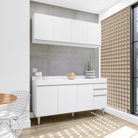 Cozinha Compacta Lorena 160cm 8 Portas 2 Gavetas com Tampo Branco Maderatto Móveis