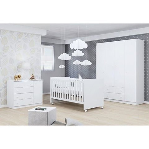 Quarto Bebê com Guarda-roupa 4 Portas, Cômoda, Berço
