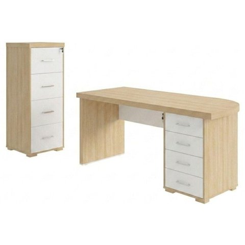 Mesa Escritorio 4 Gavetas 180x80 cm e Armario Arquivo 4 Gavetas 132x47 cm Carvalho Branco Artany