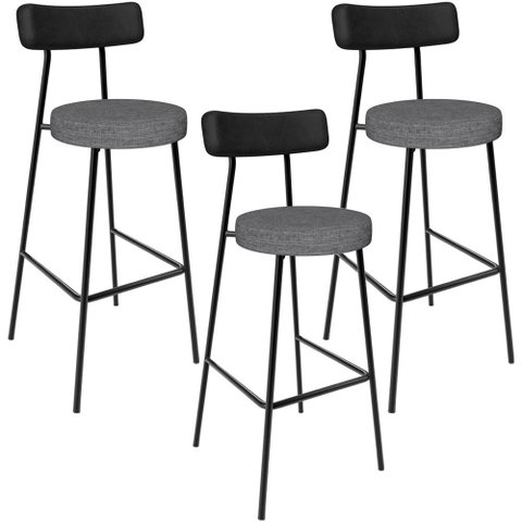 Kit 03 Banquetas Alta Cozinha Sala Jantar Milão L02 Couríssimo Preto Linho Cinza Escuro - Lyam