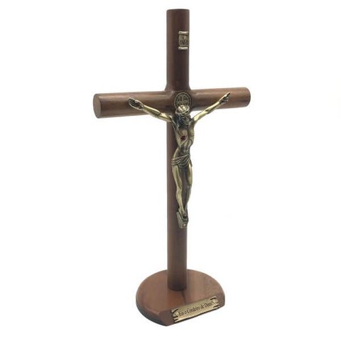 CRUCIFIXO DE MESA E PAREDE MEDALHA SÃO BENTO PRATA VELHA 26 CM