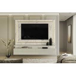 Painel Bancada Suspensa Para Tv Até 75" Led 2 Gavetas Gaia Calacata/Off White - 2
