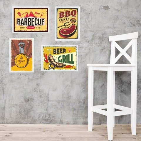 Kit 4 Quadros Placas Vintage Churrasco 24x18cm:moldura Branca