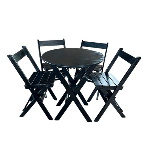 Conjunto Mesa Redondo 70cm Dobrável com 4 Cadeiras em Madeira Maciça - Preto - Preto