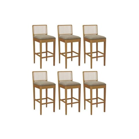Banqueta Cozinha Sara 1bmm005ca Premium Madeira Maciça Kit 6 Un Carvalho/boucle Bege Fendi/tela