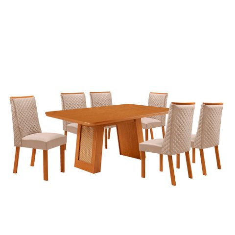 Mesa de Jantar Carolina Yasmin 180 cm Tampo MDF Canto Copo Laminado com 6 Cadeiras Moderna Mobília