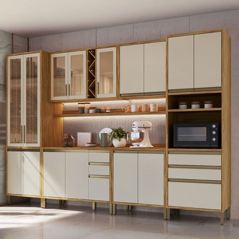 Armário de Cozinha com Balcão e Tampo 16 Portas 5 Gavetas Pérola 100% Mdf Vidro Reflecta Amêndoa/off