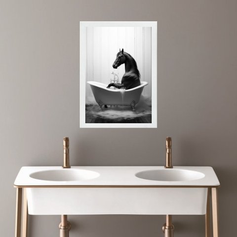 Quadro Banheiro Coleção Animais - Cavalo 33x24cm - com Vidro:madeira Preta