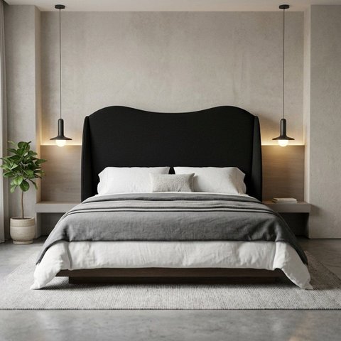 Cabeceira para Cama Box Estofada Persa Queen Size  em Boucle Preto com Sapatas Plásticas