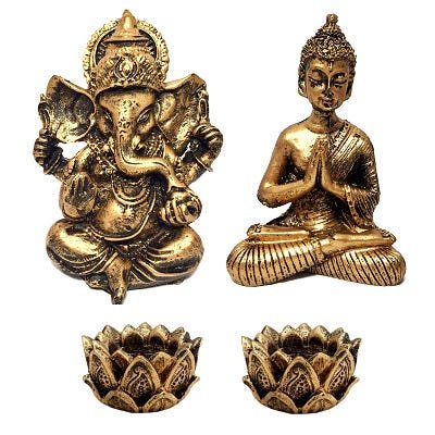 Kit Mini Estátua Ganesha + Buda Hindu + 2 Castiçais - 1