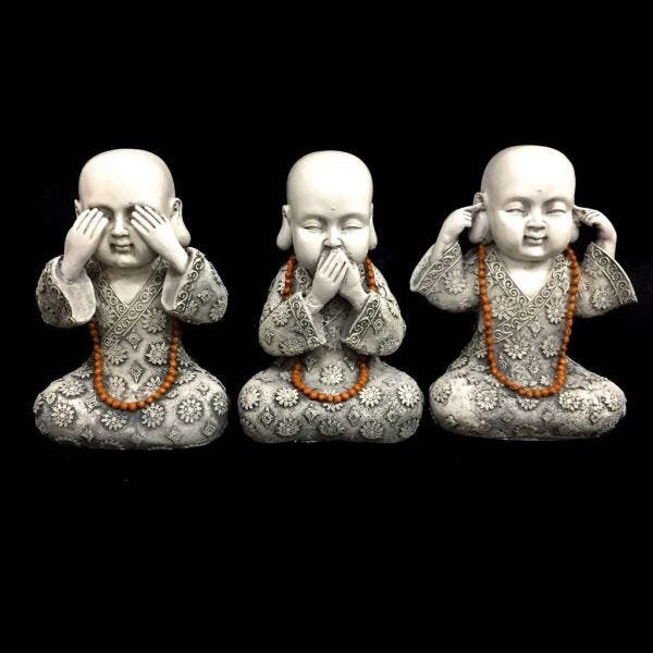 Trio de Estátuas Monge Buda Sábios Cego, Surdo e Mudo Resina 23cm - 3