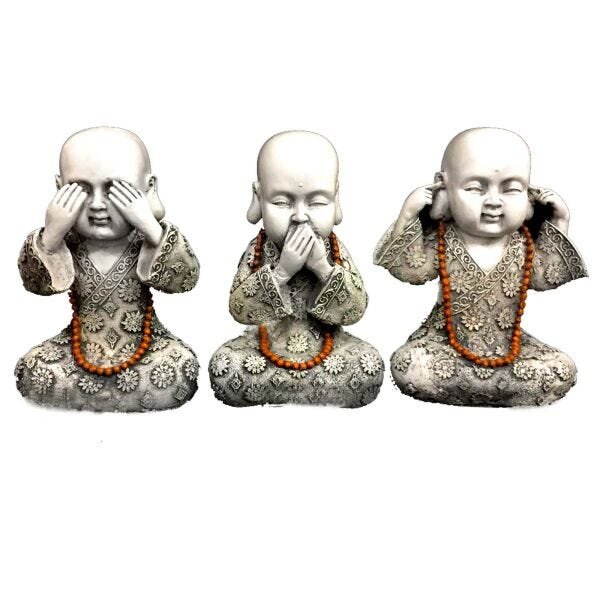 Trio de Estátuas Monge Buda Sábios Cego, Surdo e Mudo Resina 23cm - 1
