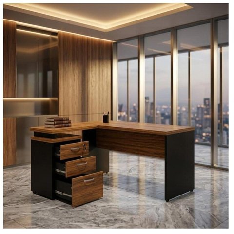 Mesa Escritório em L com Gaveteiro 1,70x1,60m Workstart Nogal Sevilha/Preto 21423
