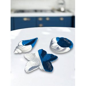 Kit 3 Peças Conchas e Estrela Branca e Azul em Cerâmica