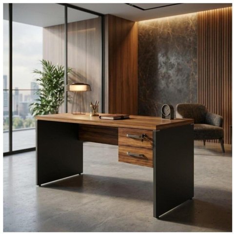 Mesa em L (Mesa 1,70m + Mesa Auxiliar) – s/ Gavetas – (Tampo 40mm) – Nogal Sevilha / Preto