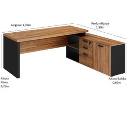 Mesa Diretorzinha com Aparador - Pé de Madeira - 1,90x1,60M- Webstart - Nogal Sevilha / Preto - - 6
