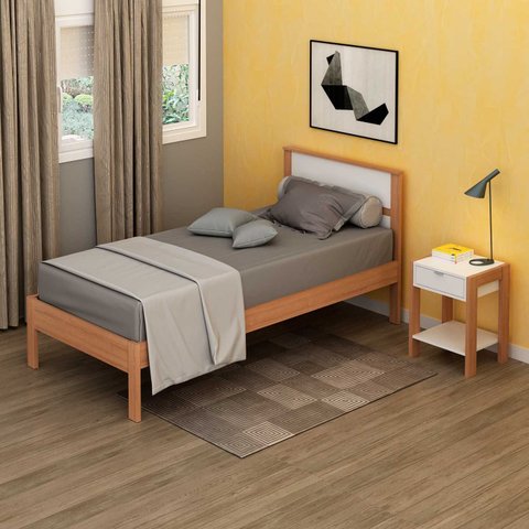 Cama Solteiro com Cabeceira 96,7 Cm X 196 Cm para Quarto Cor:amêndoa com Branco
