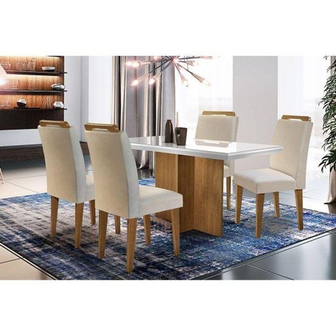 Sala de Jantar Completa C/ Tampo Vidro Canto Reto 4 Cadeiras Imbuia Veludo Creme