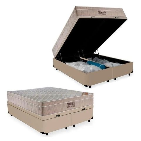 Cama Box Baú Casal Bipartido Bege Colchão Molas Ensacadas Airtech Springpocket 138x188 - Ortobom