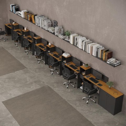 Conjunto de Escritório Noruega 6 Livreiro 1 Buffet e 7 Mesas 90cm - Via Nossa - Preto e Cedro
