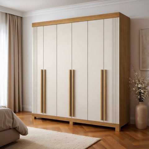 Guarda-Roupa Casal 6 Portas 4 Gavetas MDF com Pés Liss Marrom/Cinamomo/Off White