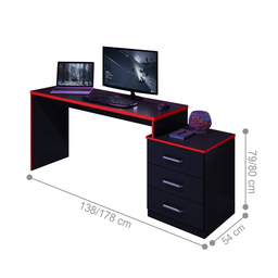 Mesa para Computador com 3 Gavetas Vijay Preto Vrermelho - 2