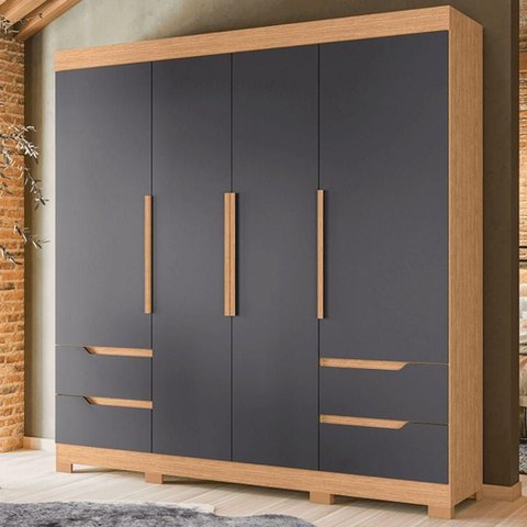 Guarda Roupa Casal Pompeia 4 Portas de Bater 4 Gavetas MDP Freijó-Titanium com Cabideiro Albatroz
