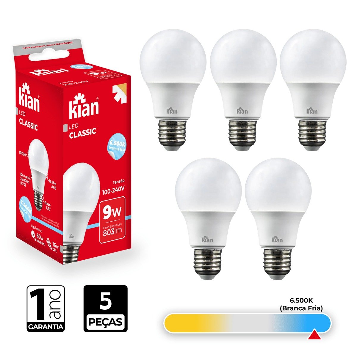 Lâmpada Led Bulbo Kian 9w 6500k Branca Fria 5 Peças - 2