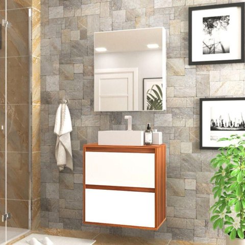 Gabinete para Banheiro com Cuba e Armario 60cm Mdf Freijo com Branco Dubai - On Móveis