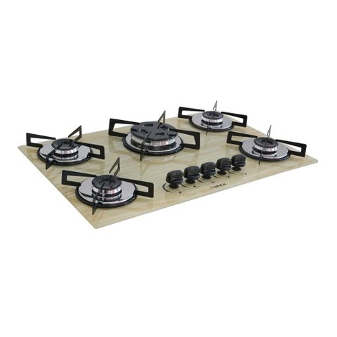 Cooktop Chamalar Bivolt 5 Bocas Tripla Chama Vidro Temperado Amadeirado Claro