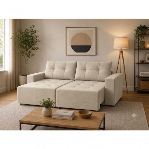 Sofá com Chaise Hawai 3L Retrátil Reclinável 180cm Bege Veludo