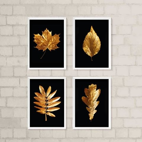 Kit 4 Quadros Decorativos Folhas Douradas 24x18cm:madeira Branca