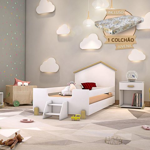 Cama de Criança Infantil Montessoriana com Colchão e Escadinha Juvenil Ayla Branca e Natural