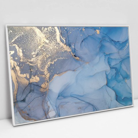 Quadro Decorativo em Canvas Abstrato Mármore Azul Oceano TaColado Moldura Flutuante 4,5cm Branca 120