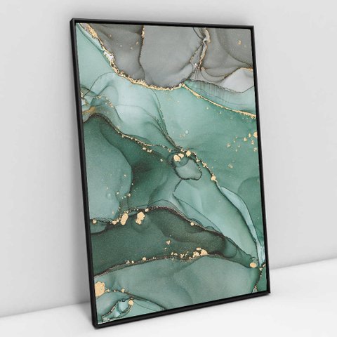 Quadro Decorativo em Canvas Abstrato Mármore Verde e Cinza TaColado Moldura Flutuante 4,5cm Preta 90