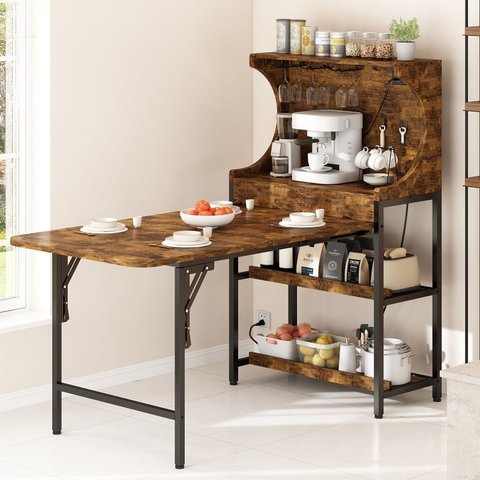 Mesa Dobrável para Cozinha com Prateleiras, Tomadas e Portas USB, Marrom Rústico