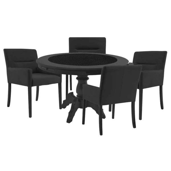 Mesa de Jogos Carteado Montreal Redonda Tampo Reversível Preto com 4 Cadeiras Vicenza Preto Fosco