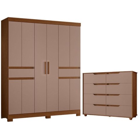 Guarda Roupa Casal Olimpia 10 Portas e Cômoda Doble Flex Nogueira Capuccino - Móveis Albatroz