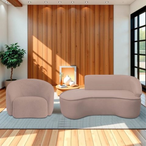 Kit Divã Recamier Orgânico Marrocos 180cm Lado Esquerdo e 1 Poltronas Amore Linho Rose
