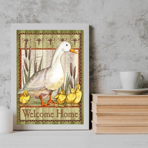 Quadro Country Patinhos Welcome Home 33x24cm:madeira Branca