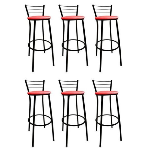Kit 6 Banquetas Bistrô Aço Pintura Epóxi Preta Assento Vermelho
