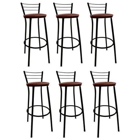 Kit 6 Banquetas Bistrô Aço Pintura Epóxi Preta Assento Marrom