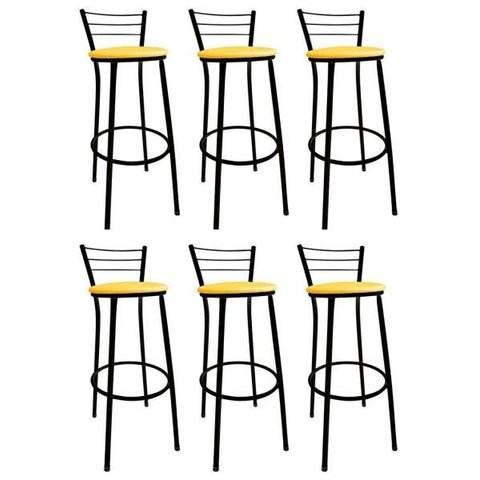 Kit 6 Banquetas Bistrô Aço Pintura Epóxi Preta Assento Amarelo