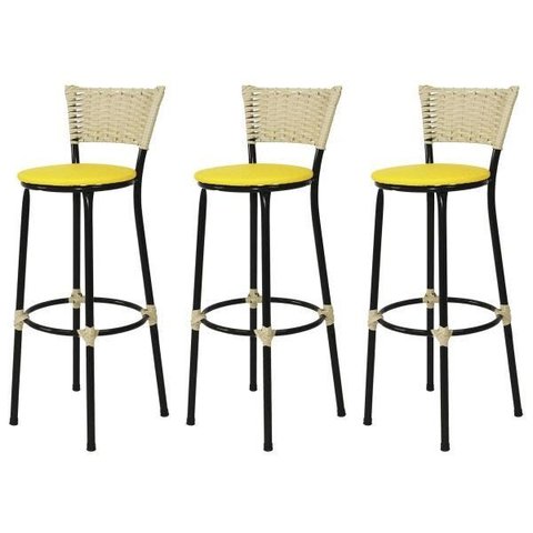 Kit 3 Banquetas Bistrô Aço Junco Marfim Assento Amarelo