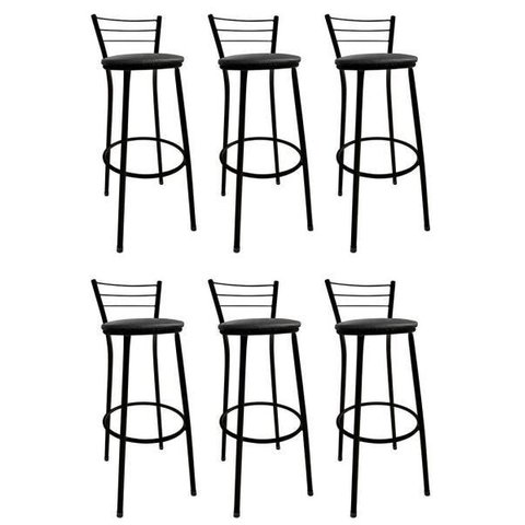 Kit 6 Banquetas Bistrô Aço Pintura Epóxi Preta Assento Preto