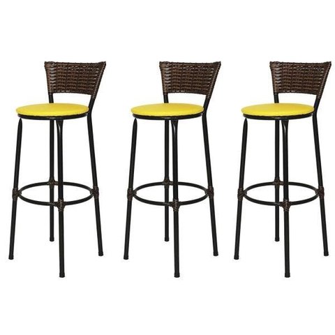 Kit 3 Banquetas Bistrô Aço Junco Capuccino Assento Amarelo